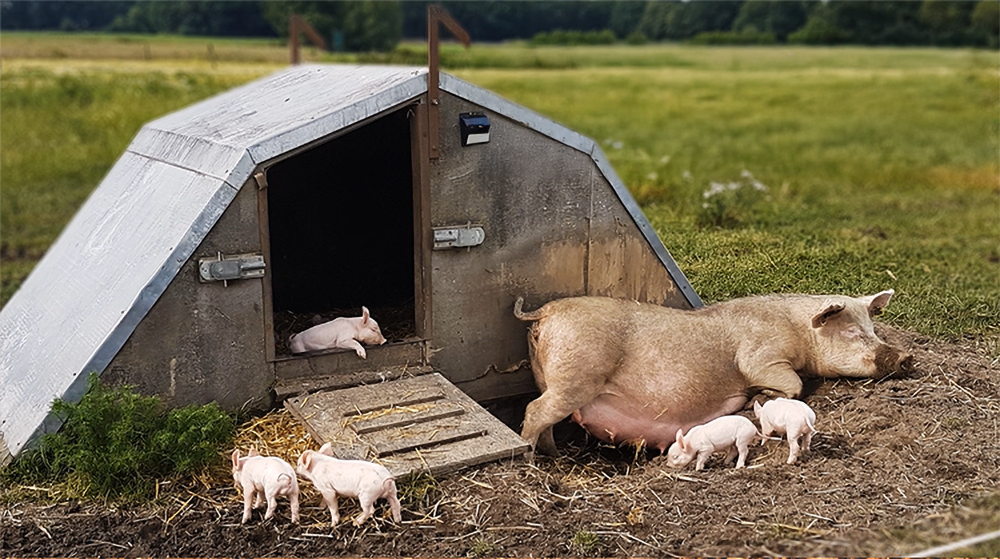 Eine Sau liegt auf dem Boden vor einem kleinen offenen Stall. Einige kleine Ferkel laufen umher.